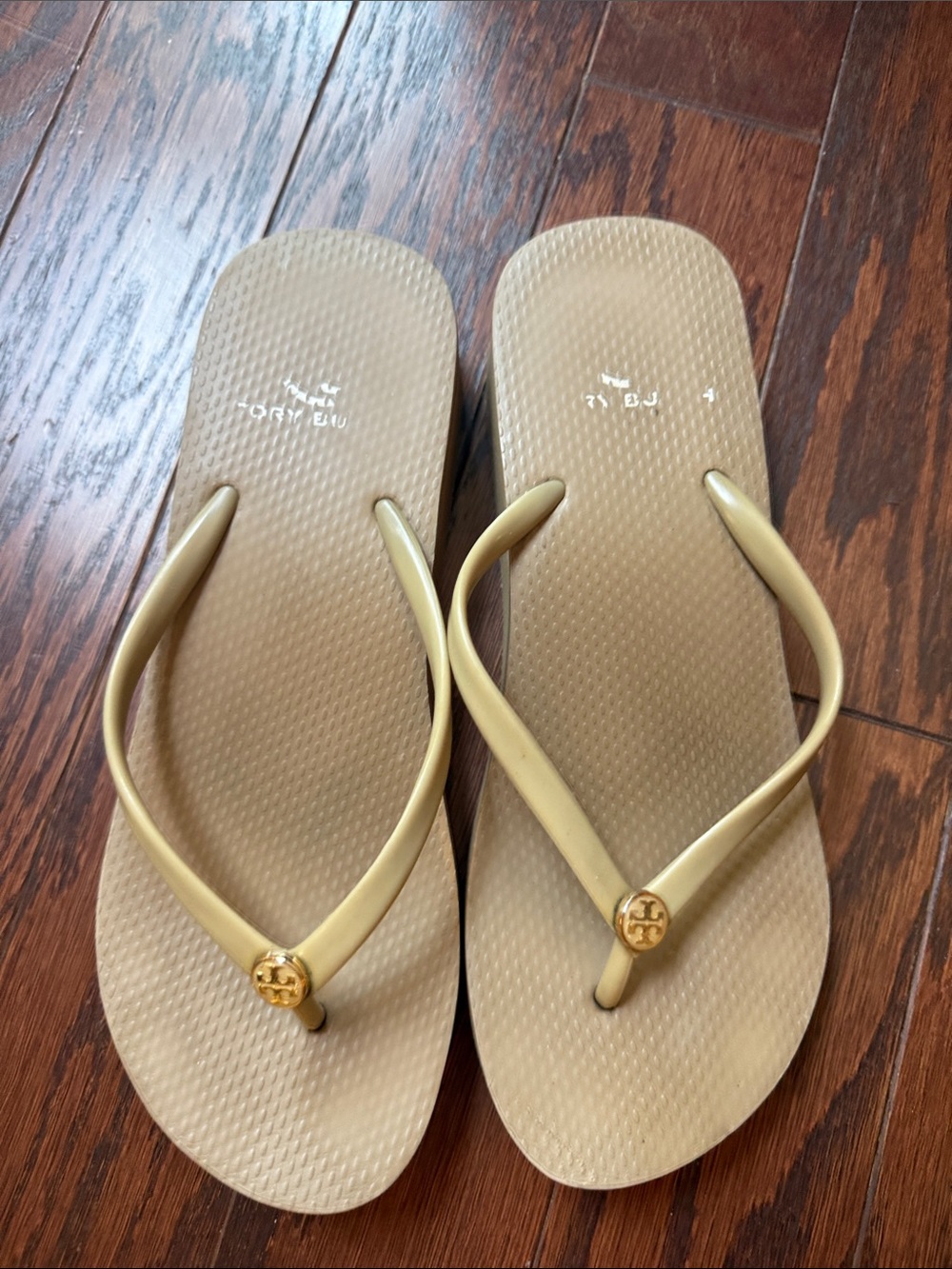 Tory Burch Tan Flip Flop Sandals with Gold Logo